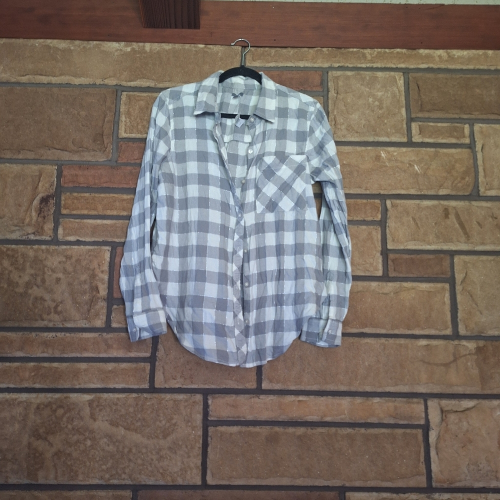 Aerie Grey Metallic Flannel Button Down Shirt Medium NWT